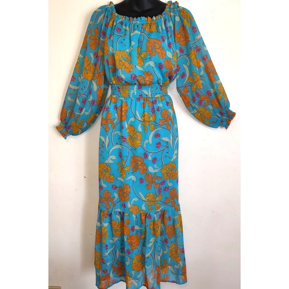 sofia by sofia vergara Dresses & Skirts - Floral Peasant Midi Dress Sz L LARGE Off Shoulder BOHO Milkmaid Peasant Turquois